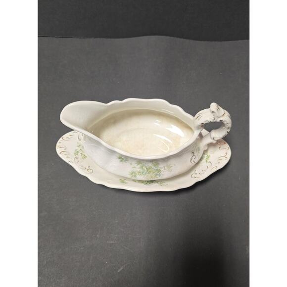 Vintage W H Grindley Daisy Gravy Boat Underplate Green Floral Gold Trim England - Picture 4 of 13